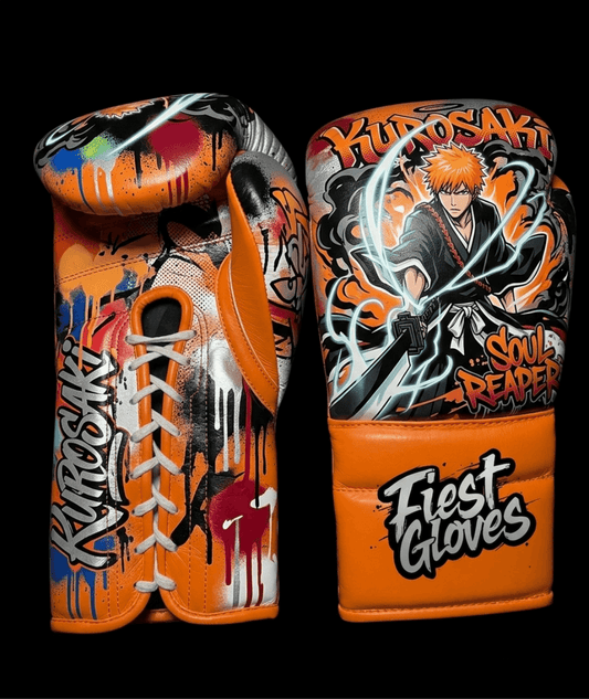 Premium white boxing gloves featuring Soul Reaper Ichigo inspired graffiti artwork with vibrant anime street art design.