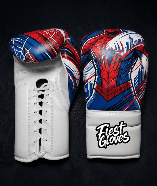 Spider-Man inspired advanced tech boxing gloves with futuristic red and blue graphics and premium Velcro wrist support.