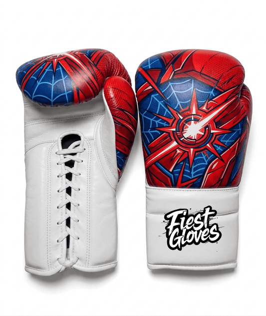 Spider-Man inspired comic action boxing gloves featuring red and blue web graphics with Velcro wrist closure on a white background.