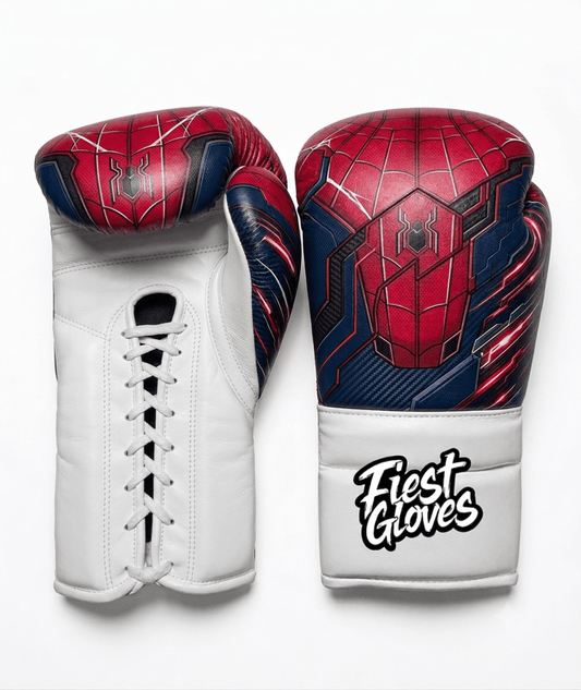 Spider-Man inspired quantum web boxing gloves with red and blue futuristic graphics and Velcro wrist strap on a white background.