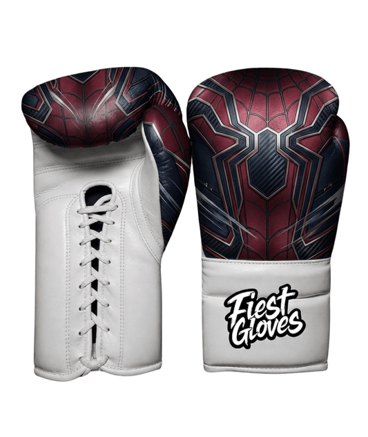 Spider-Man inspired stealth web boxing gloves with black, red, and blue tactical graphics and Velcro wrist strap on a white background.