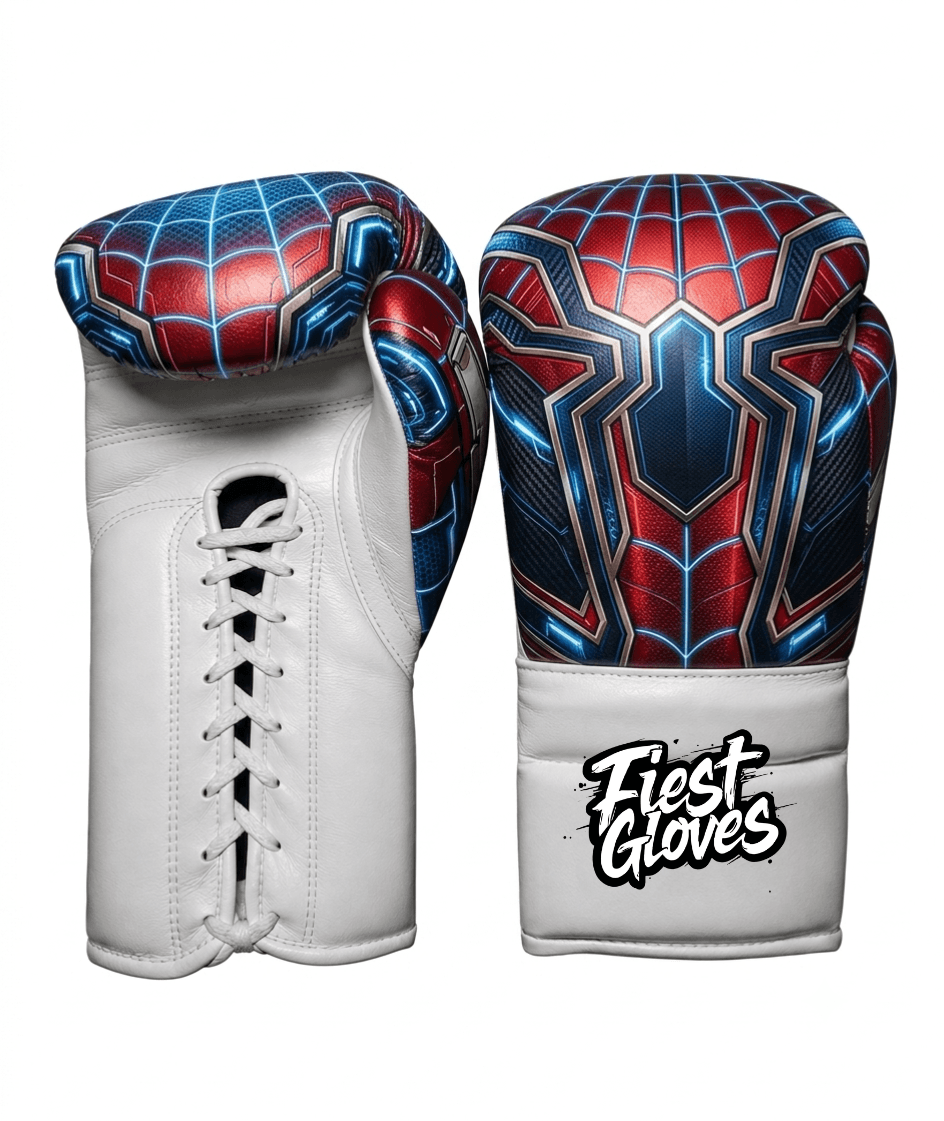 Spider-Man inspired urban hero boxing gloves featuring red and blue web-themed artwork with Velcro closure on a white background.