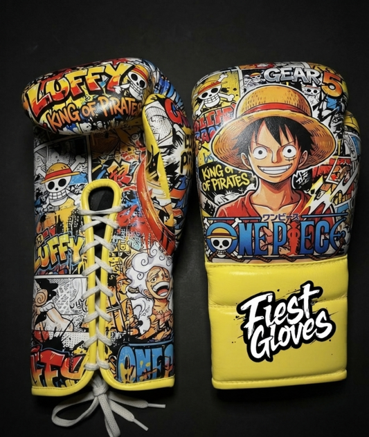 Premium boxing gloves featuring Straw Hat Luffy inspired graffiti artwork with colorful street art graphics.