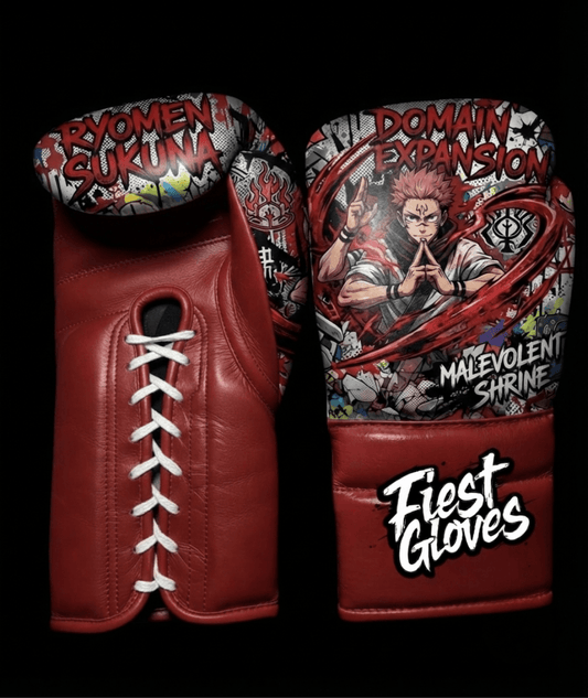 White boxing gloves featuring Sukuna Domain Expansion inspired graffiti artwork with dynamic anime action graphics.