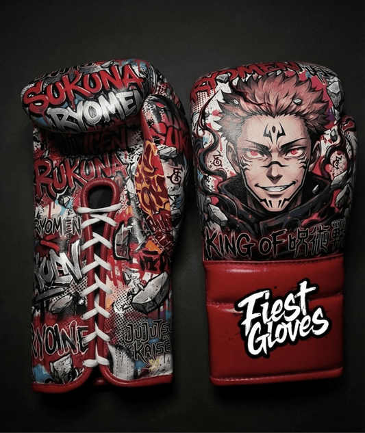 Premium white boxing gloves featuring Sukuna King of Curses inspired graffiti artwork with bold anime street art graphics.
