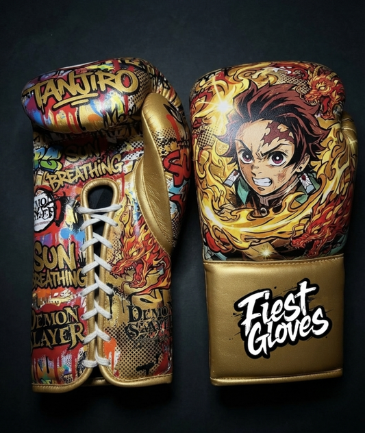Premium boxing gloves featuring Sun Breathing Tanjiro inspired graffiti artwork with vibrant anime street art styling.