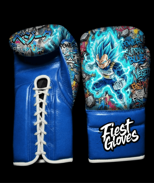 Premium boxing gloves featuring Super Saiyan Blue Vegeta inspired graffiti artwork with blue anime street art graphics.