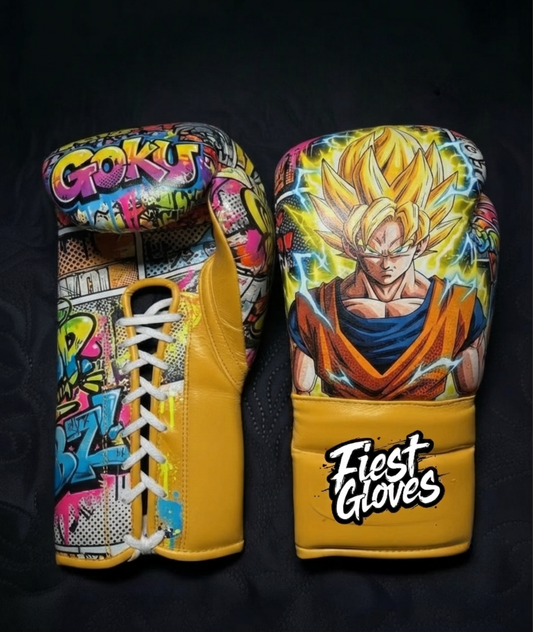 Premium Yellow boxing gloves featuring Super Saiyan Goku inspired graffiti artwork with colorful street art design.
