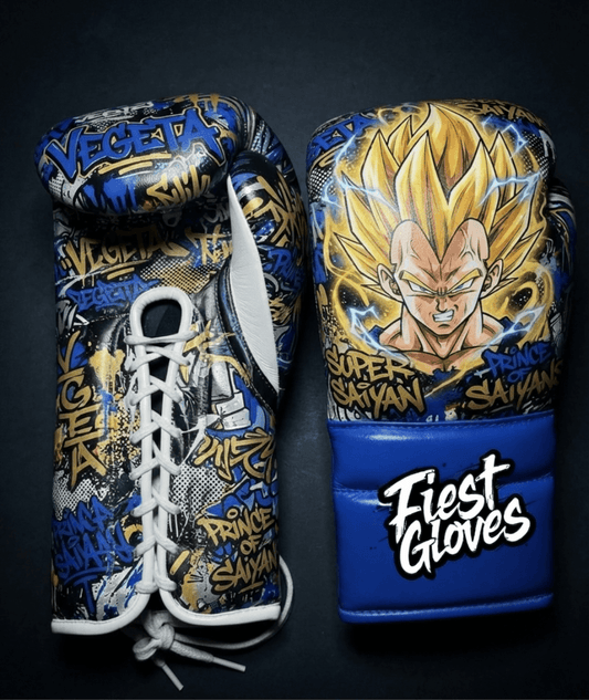 Premium white boxing gloves featuring Super Saiyan Vegeta inspired graffiti artwork with colorful anime street art design.