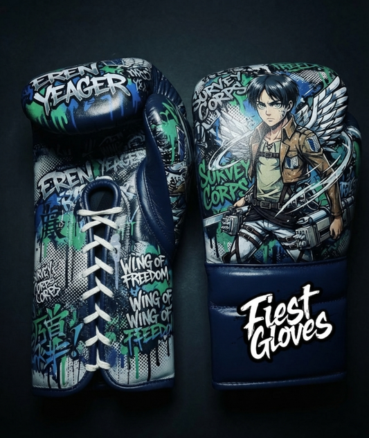 Premium boxing gloves featuring Survey Corps inspired graffiti artwork with anime street art styling.