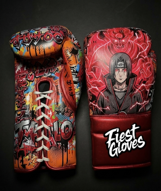 Premium boxing gloves featuring Susanoo Itachi inspired graffiti artwork with vibrant anime street art graphics.