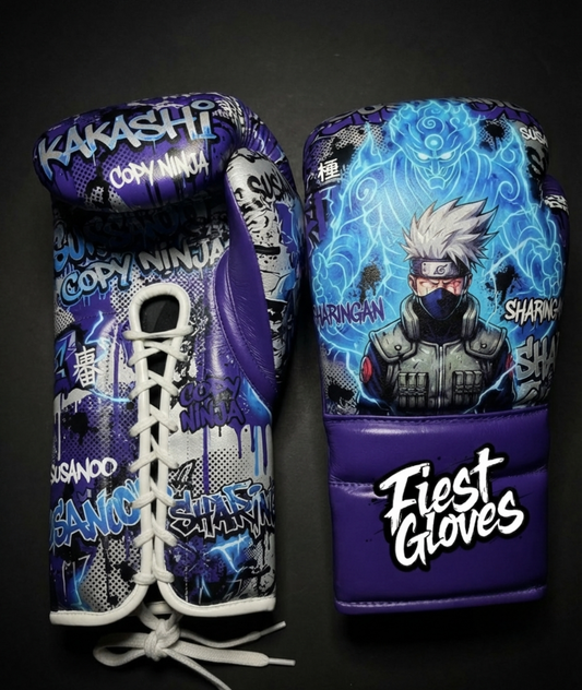 Premium boxing gloves featuring Susanoo Kakashi inspired graffiti artwork with vibrant anime street art design.