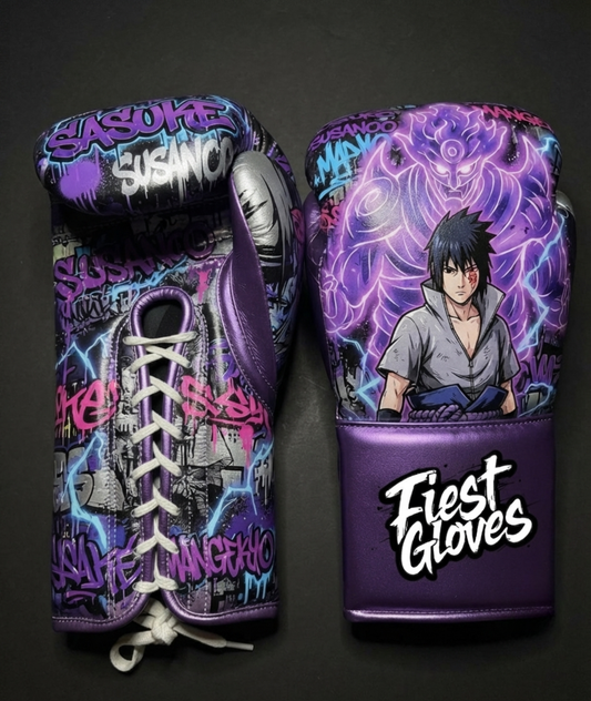 Premium boxing gloves featuring Susanoo Sasuke inspired graffiti artwork with vibrant purple anime street art design.