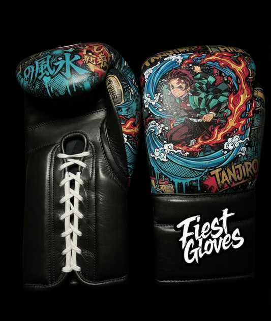 Premium white boxing gloves featuring Tanjiro Water and Flame inspired graffiti artwork with colorful anime street art design.