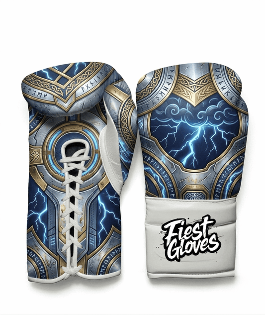 Thor inspired Asgard armor boxing gloves with metallic gold, silver, and blue storm artwork.