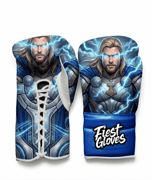 Thor inspired boxing gloves featuring a storm warrior hero portrait with lightning graphics and metallic armor on a white background.