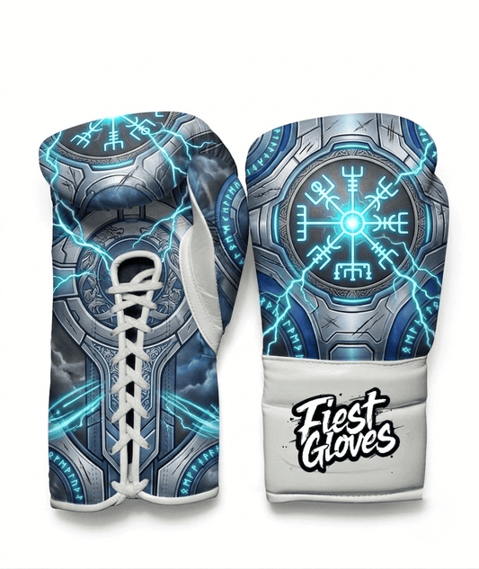 Thor inspired lightning armor boxing gloves featuring metallic blue and silver storm graphics with Velcro wrist strap.