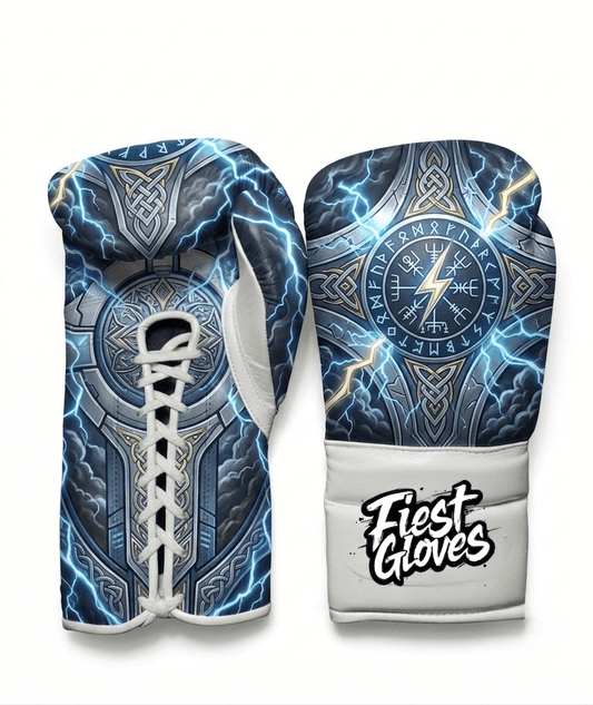 Thor inspired storm hammer boxing gloves with metallic silver armor and electric blue lightning graphics on a white background.