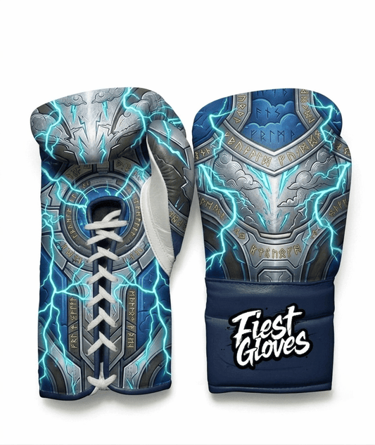 Thor inspired Storm King boxing gloves with silver armored graphics, electric blue lightning effects, and navy blue cuff on a white background.