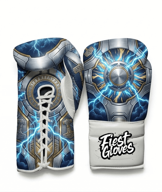Thor inspired thunder warrior boxing gloves with silver armor and electric blue lightning details.