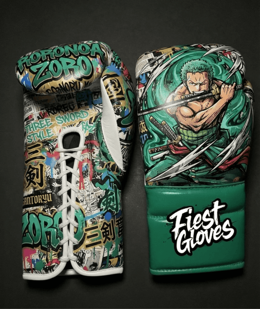 Premium white boxing gloves featuring Three Sword Style Zoro inspired graffiti artwork with colorful anime street art design.