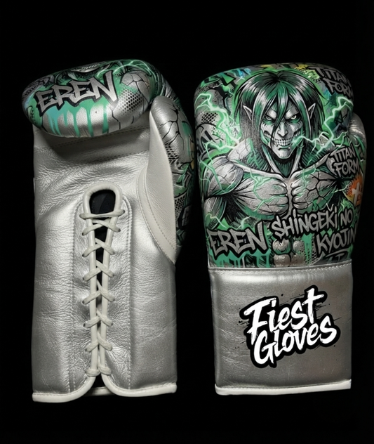Premium white boxing gloves featuring Titan Transformation inspired graffiti artwork with colorful anime street art graphics.