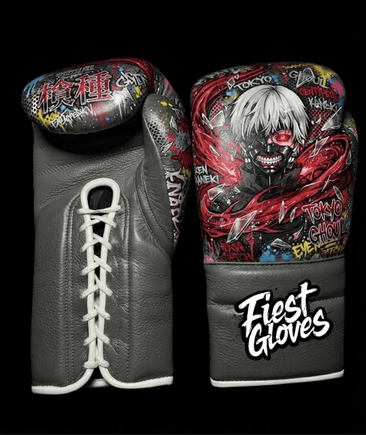 Premium white boxing gloves featuring Tokyo Ghoul Kaneki inspired graffiti artwork with colorful anime street art design.