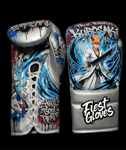 Premium boxing gloves featuring True Bankai Ichigo inspired graffiti artwork with colorful anime street art styling.