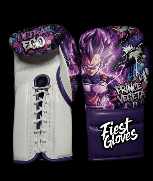 White boxing gloves featuring Ultra Ego Vegeta inspired graffiti artwork with purple anime action graphics.
