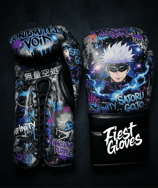 Premium boxing gloves featuring Unlimited Void Gojo inspired graffiti artwork with cosmic anime street art styling.