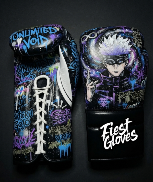 Premium boxing gloves featuring Unlimited Void inspired graffiti artwork with vibrant blue anime street art graphics.