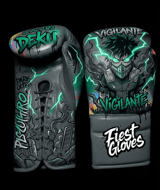 Premium boxing gloves featuring Vigilante Deku inspired graffiti artwork with green anime street art styling.