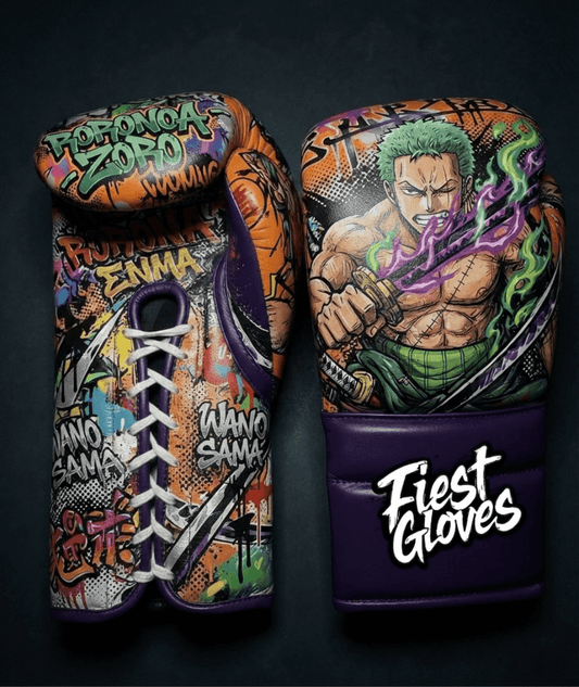 Premium boxing gloves featuring Wano Zoro inspired graffiti artwork with colorful anime street art styling.