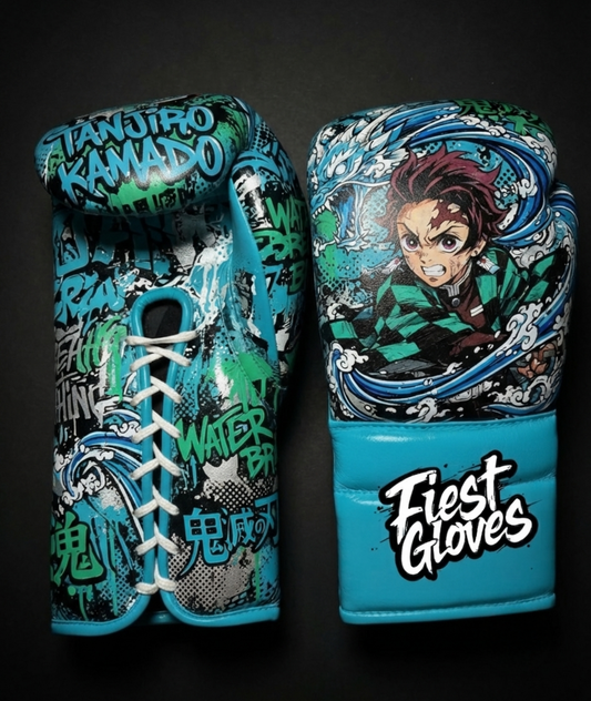 Premium white boxing gloves featuring Water Breathing Tanjiro inspired graffiti artwork with colorful anime street art design.
