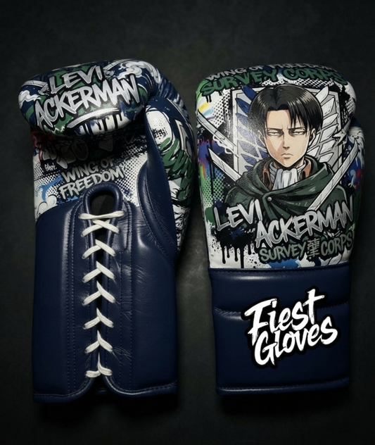 Premium boxing gloves featuring Wings of Freedom inspired graffiti artwork with anime street art styling.