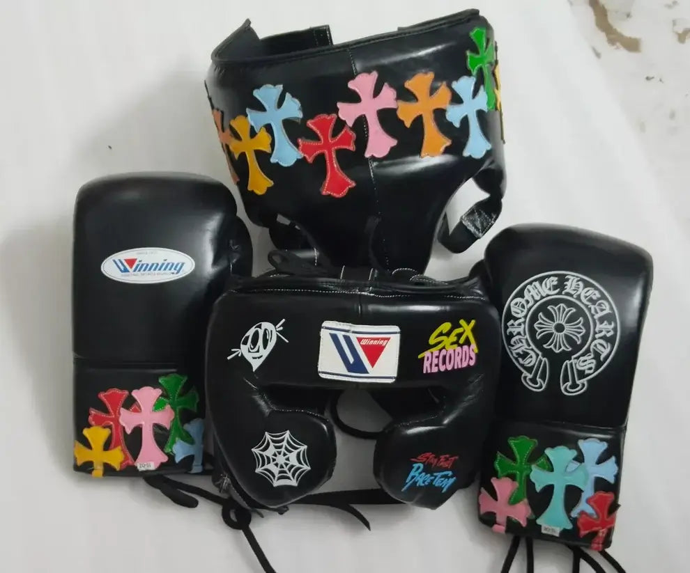Winning Black Chrome Heart Style Boxing Set Lace-Up Gloves Training Bundle