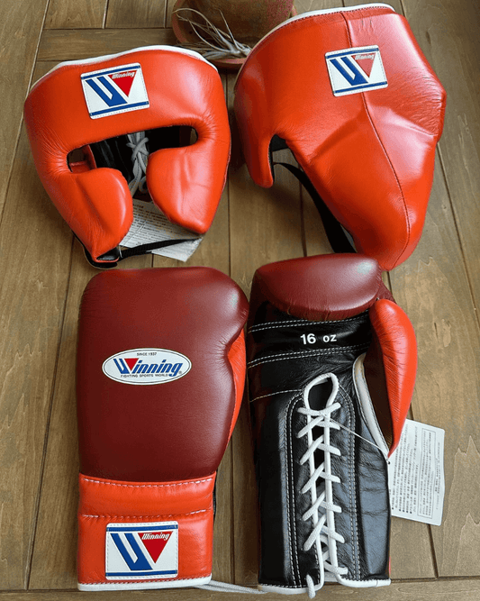 Winning Boxing Set Orange/Brown/Black 14oz Gloves with Headguard Training Kit