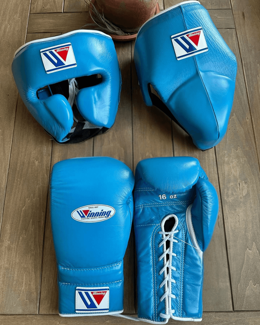 Winning Sky-Blue Boxing Set Fitness Training Gloves Headguard