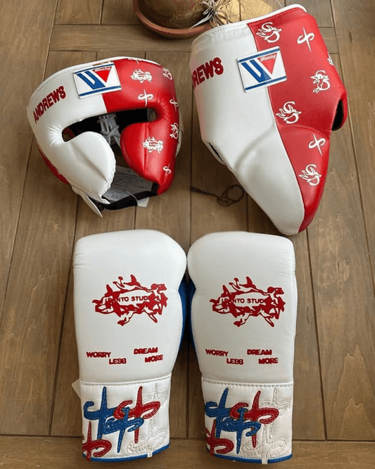 Winning White/Red Boxing Set 14oz Gloves Full Gear Pack