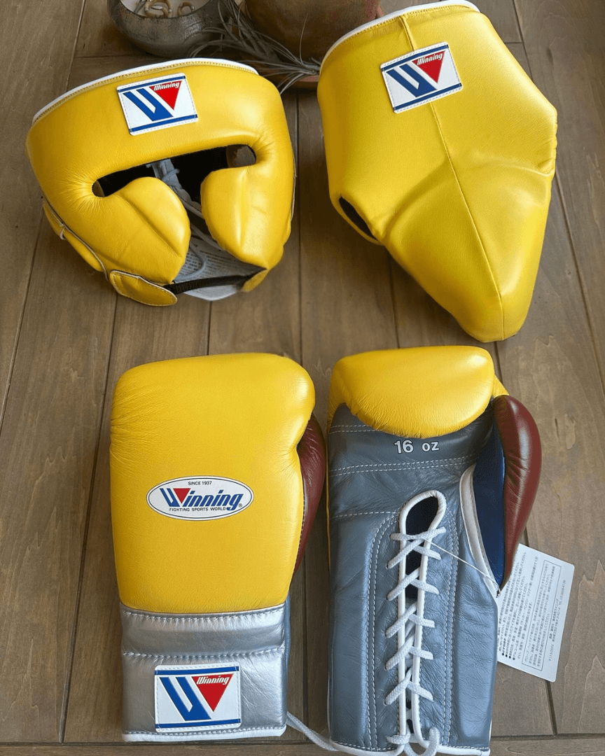 Winning Yellow/Grey/Brown Full Boxing Set Gloves Headguard Groin Guard