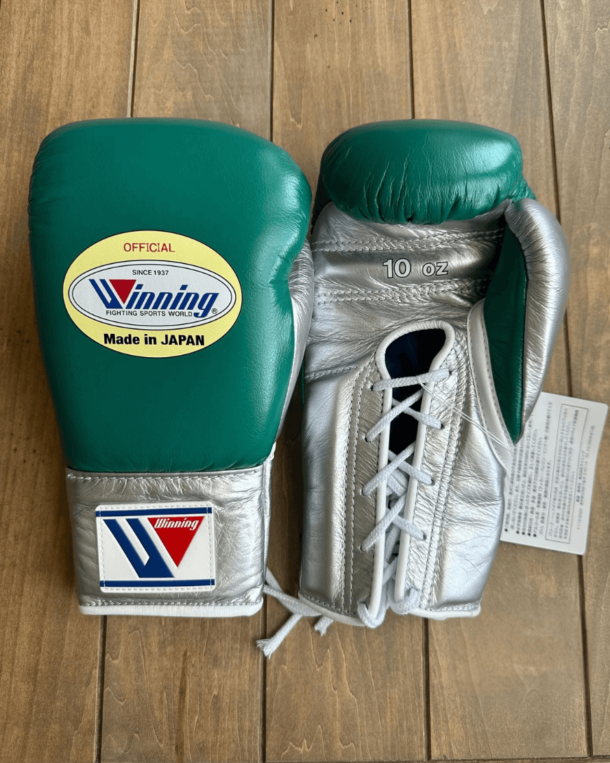 Winning Boxing Gloves Green/Silver 14oz Leather Training Gloves