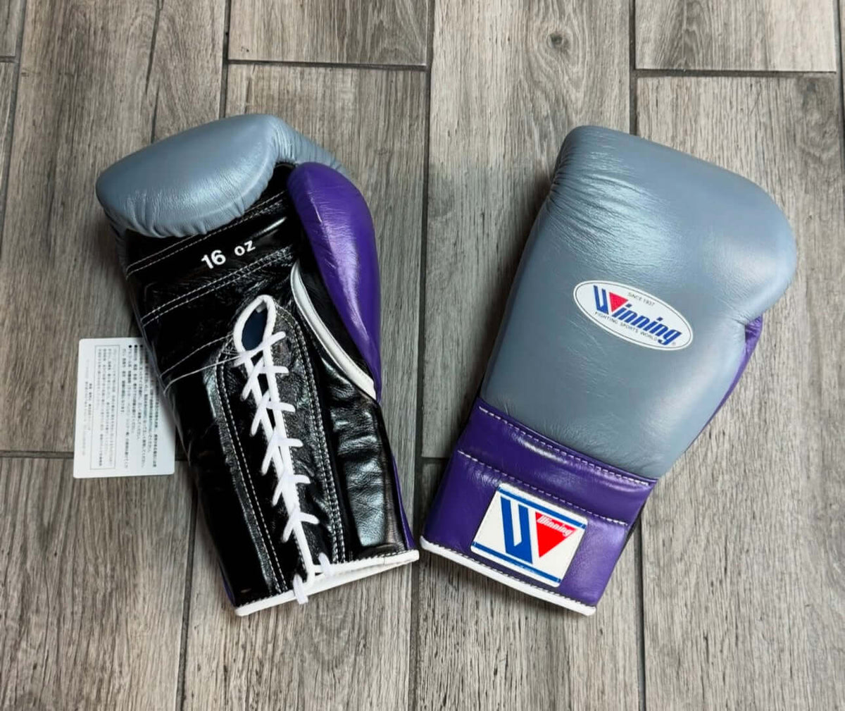 Winning Boxing Gloves Grey/Purple/Black on Hands Training Action Shot