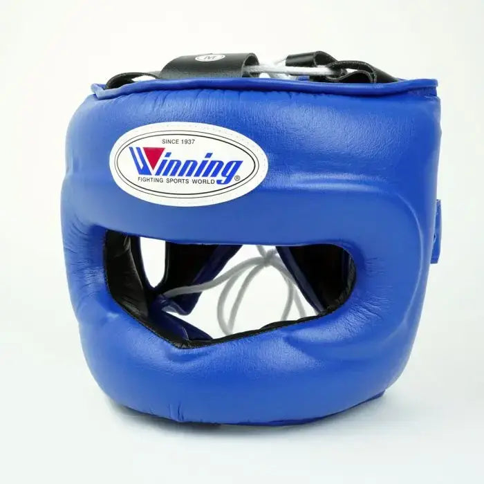 Winning Boxing Headgear Blue Leather Headgear with Chin Strap