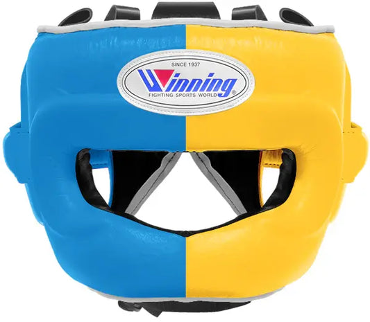 Winning Boxing Headgear Blue/Yellow Leather Headgear for Heavy Training