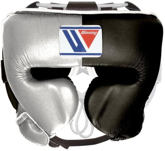 Winning Boxing Headgear Silver/Black Padded Leather Head Guard for MMA