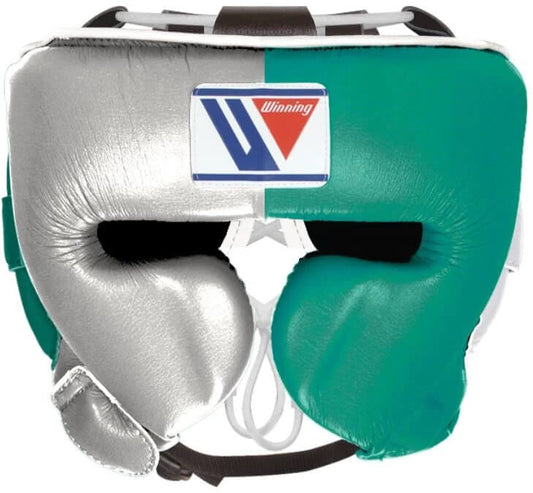 Winning Boxing Headgear Silver/Green Leather Headgear for Combat Training