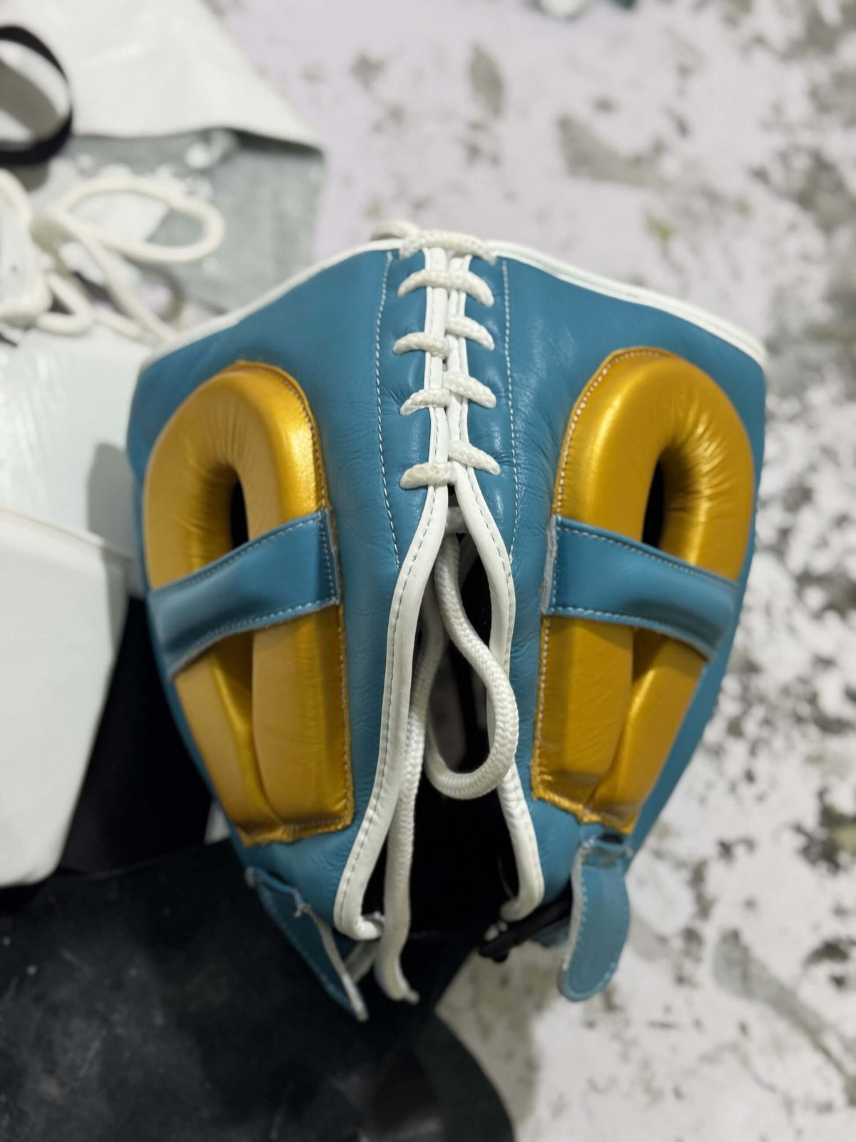 Winning Boxing Headgear Sky-Blue/Gold Leather Head Guard for Training Back View