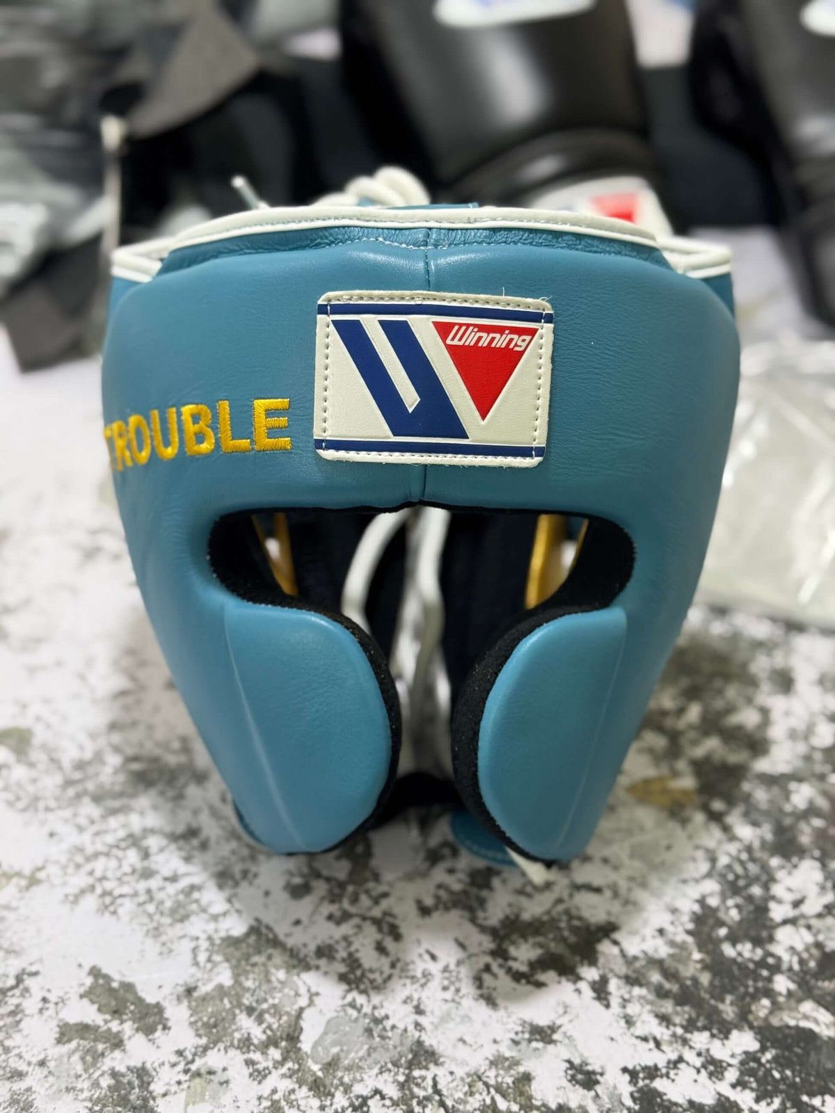 Winning Boxing Headgear Sky-Blue/Gold Leather Head Guard for Training