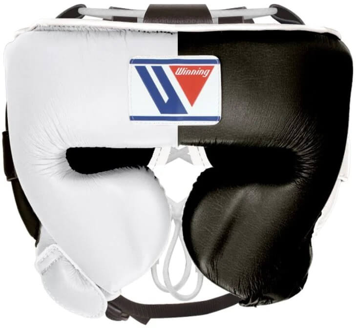 Winning Boxing Headgear White/Black Leather Headgear with Chin Strap