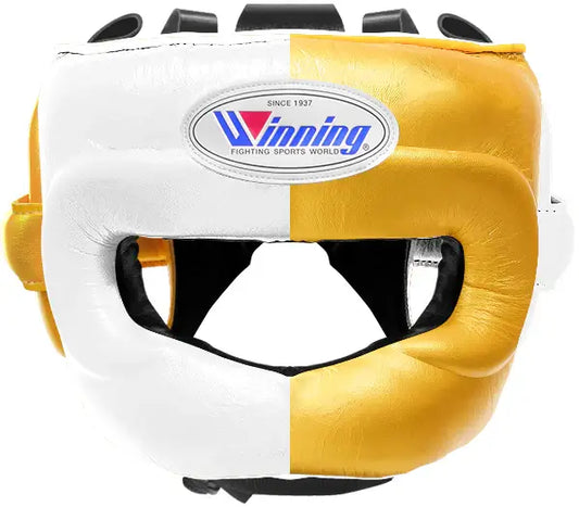 Winning Boxing Headgear White/Gold Padded Leather Head Guard for MMA